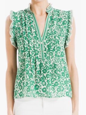 Like New Max Studio London Green Floral Ruffle-Sleeve V-Neck Top Stripe Placket